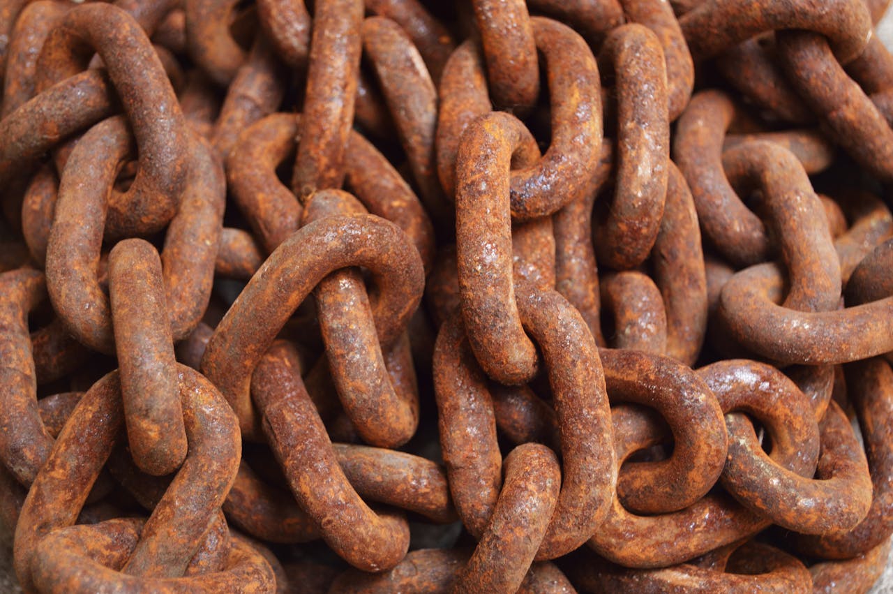 Detailed close-up of rusty metal chains, showcasing texture and pattern.